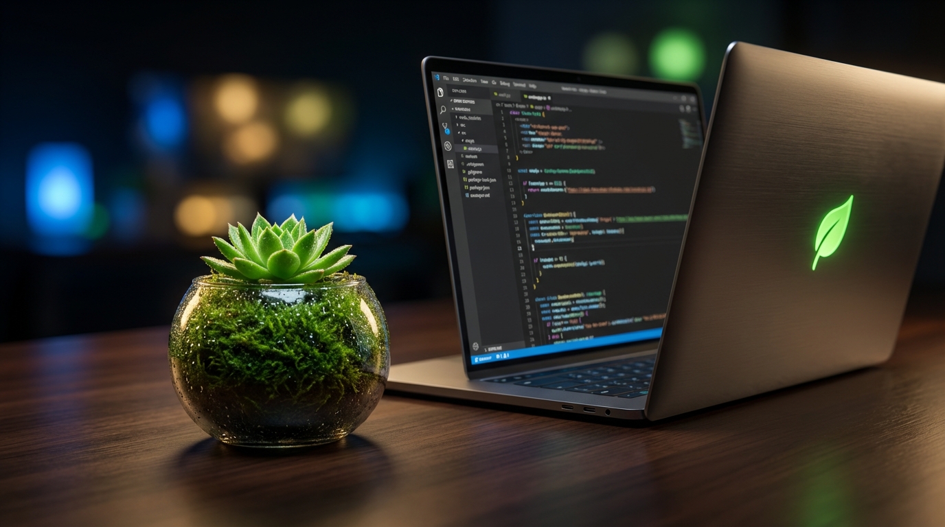A conceptual macro shot of a plant growing near a laptop representing digital gardening