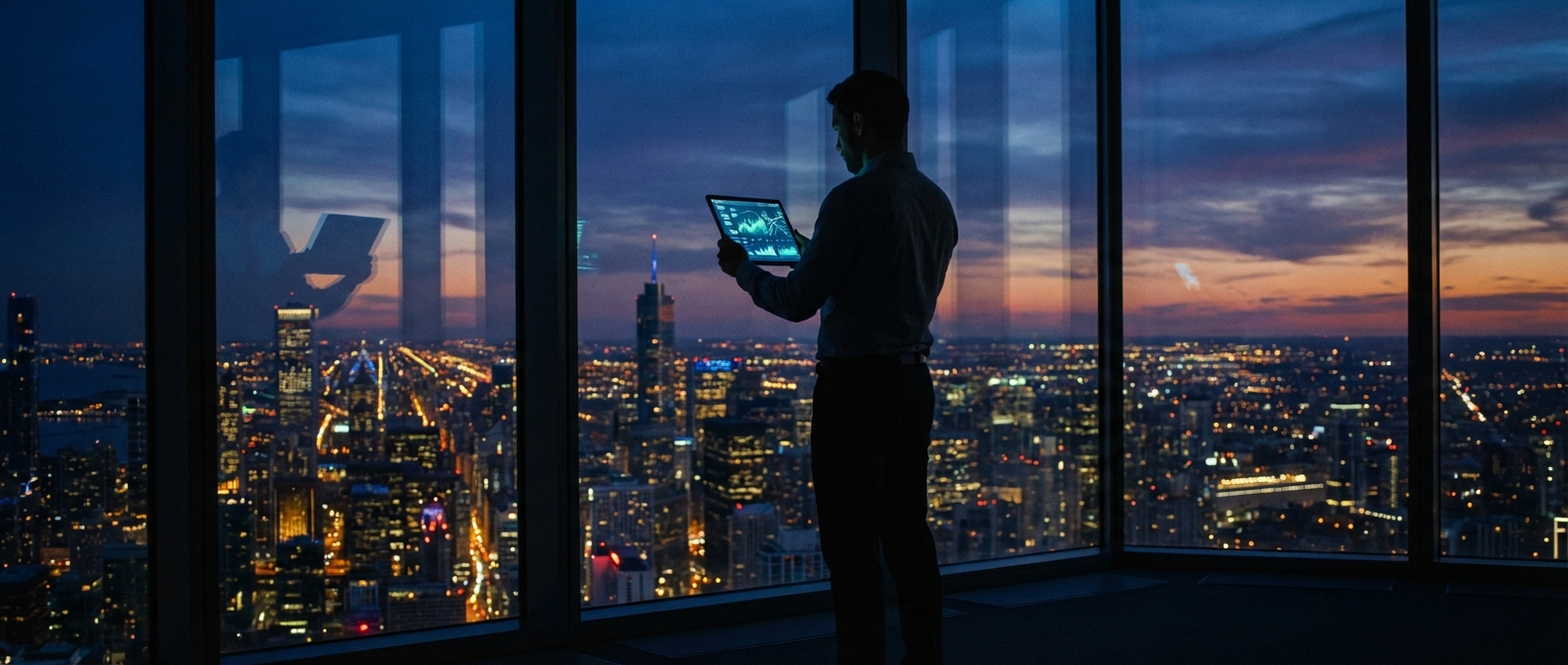 A data analyst standing in a high-rise skyscraper overlooking a city skyline, representing external reasoning