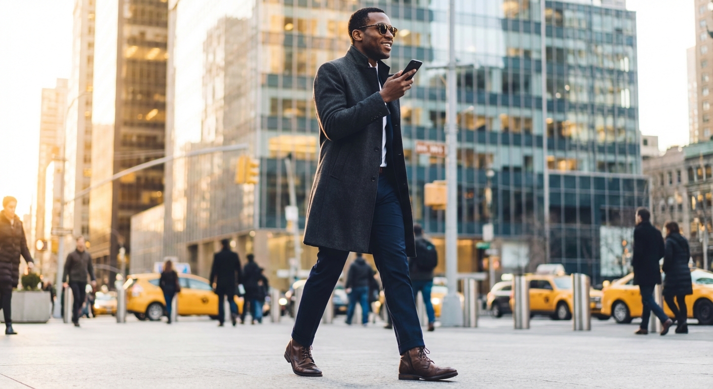 A man using voice commands on his phone while walking in a city representing quick capture