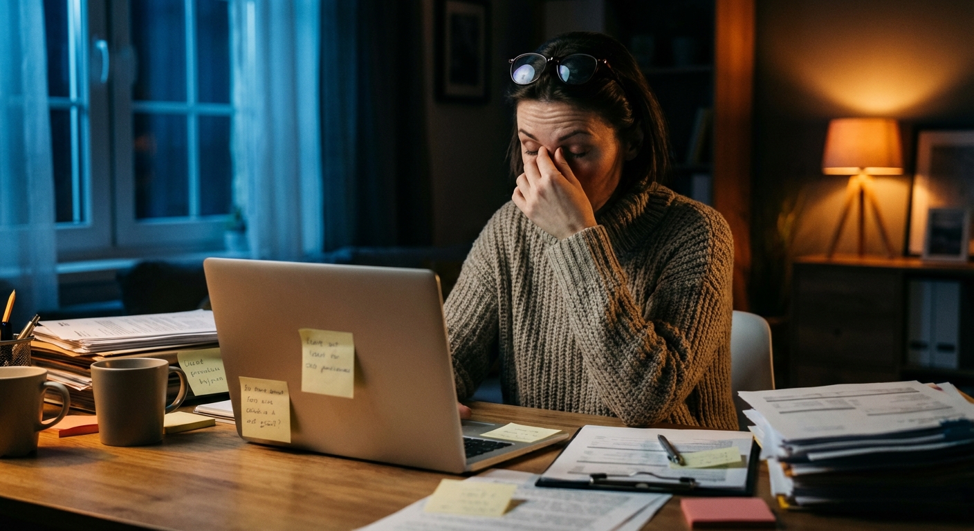 A stressed woman working late at night at a cluttered desk representing digital overwhelm