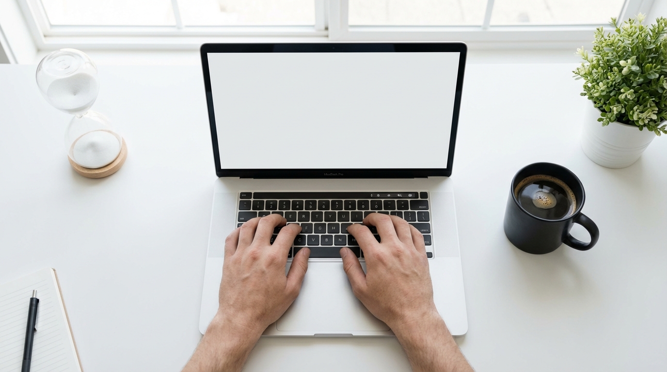 A minimalist desk setup with a laptop and hourglass representing the weekly review habit