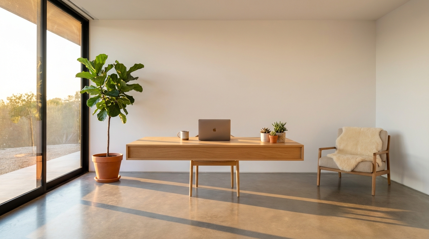 A serene and organized modern home office workspace representing the clarity of a finished dashboard