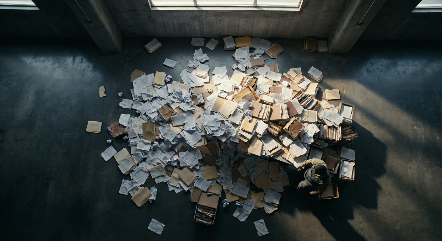 A chaotic pile of mixed paper documents and folders scattered on a floor representing digital clutter