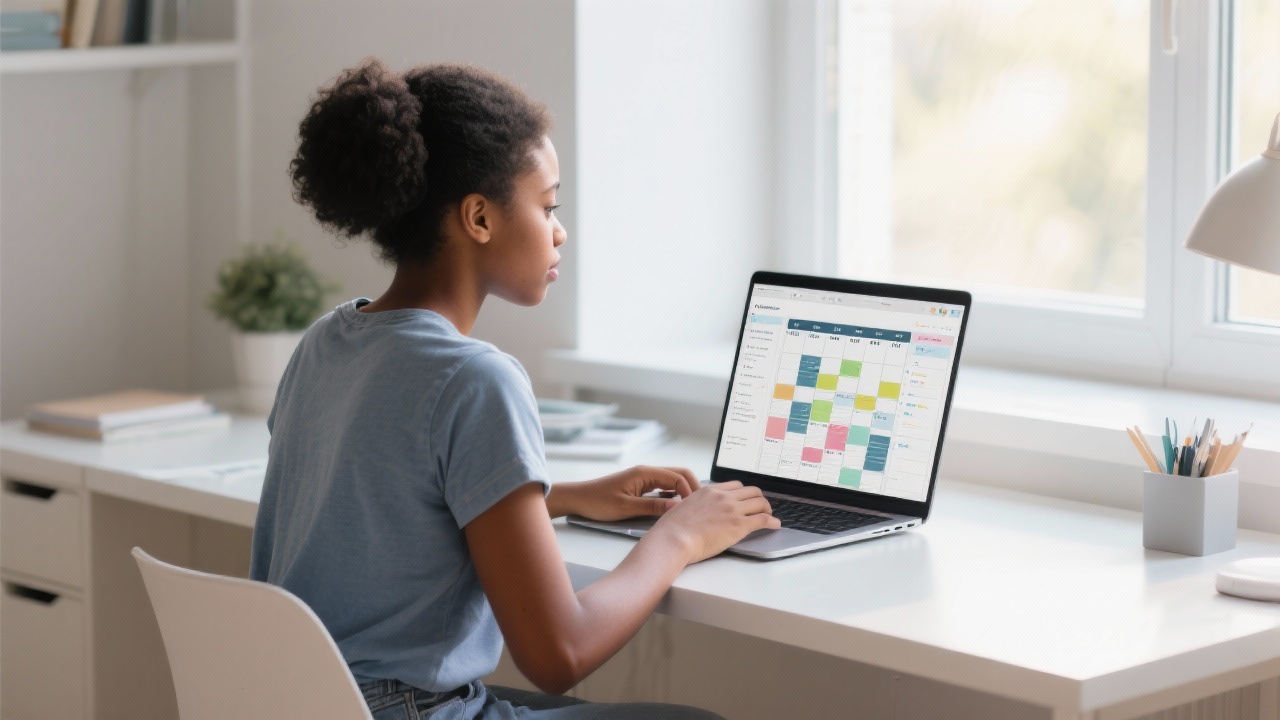 A student feeling calm and in control while using a structured Notion template on her laptop in a bright, organized workspace.
