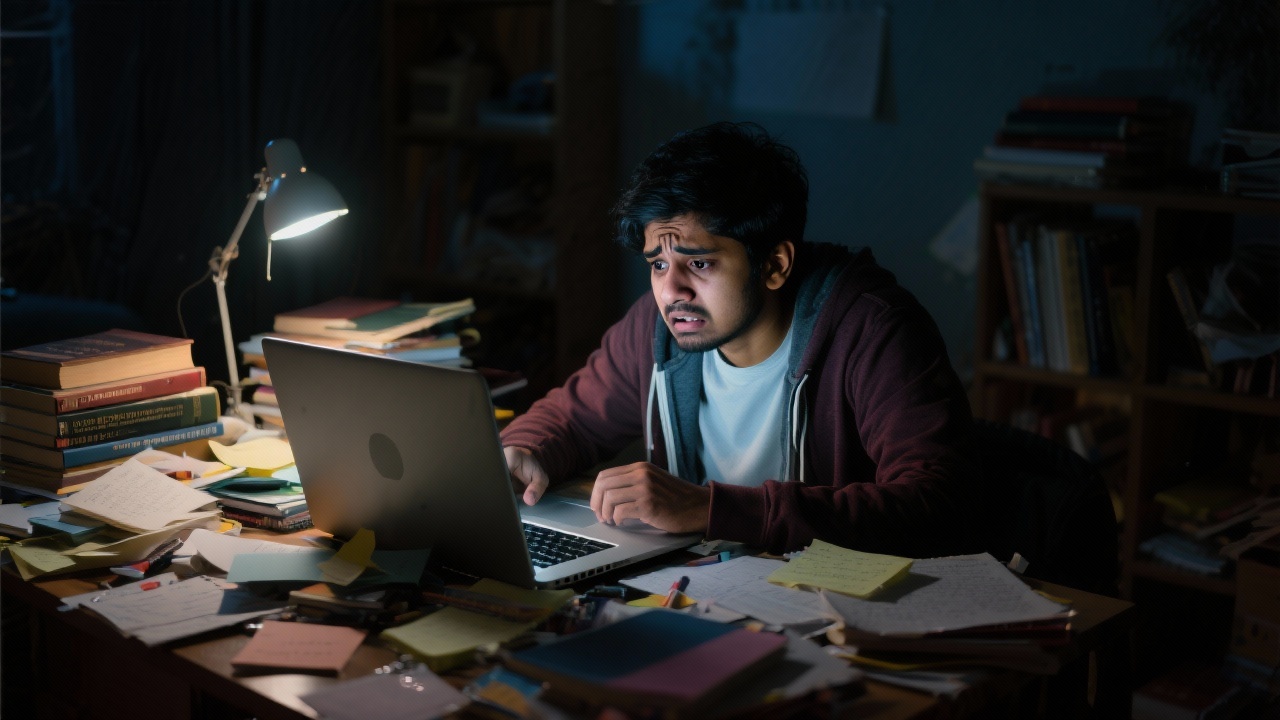 A college student with ADHD feeling overwhelmed by executive dysfunction while studying late at night in a messy room.