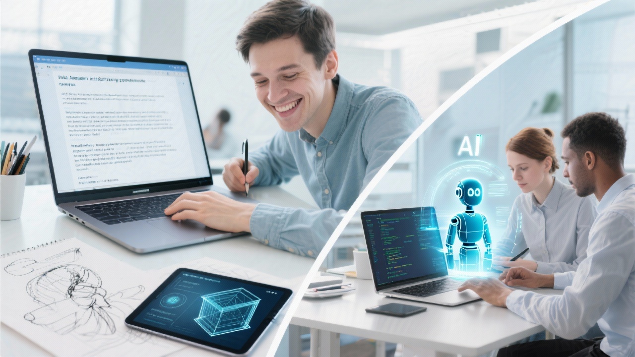 다양한 직업의 전문가들이 생성형 AI를 활용하여 업무 효율을 높이는 모습.