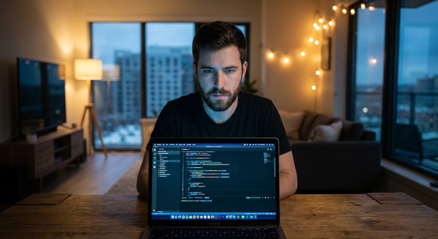 A focused digital nomad working late at night in a modern home office, illuminated by monitor glow