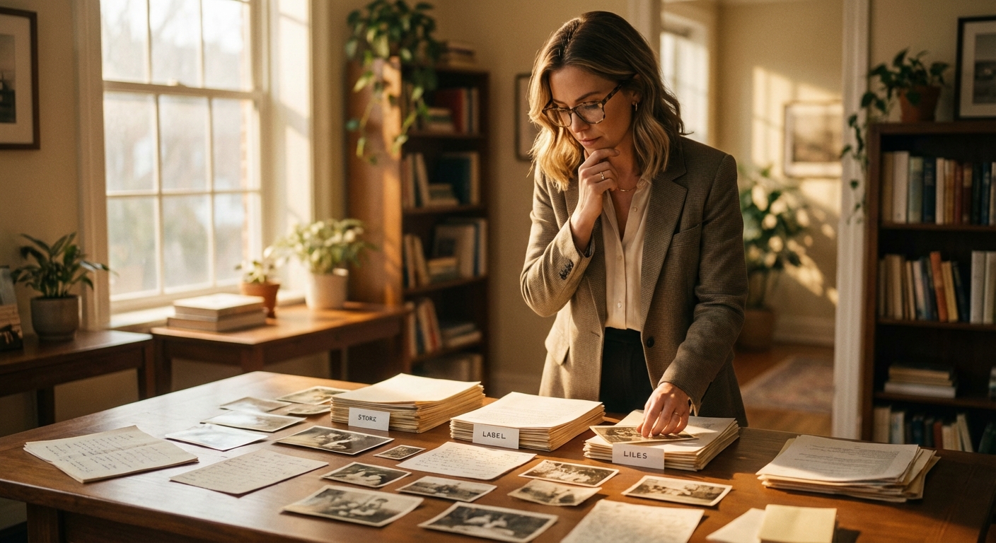 A professional woman sorting items into distinct piles representing the triage process