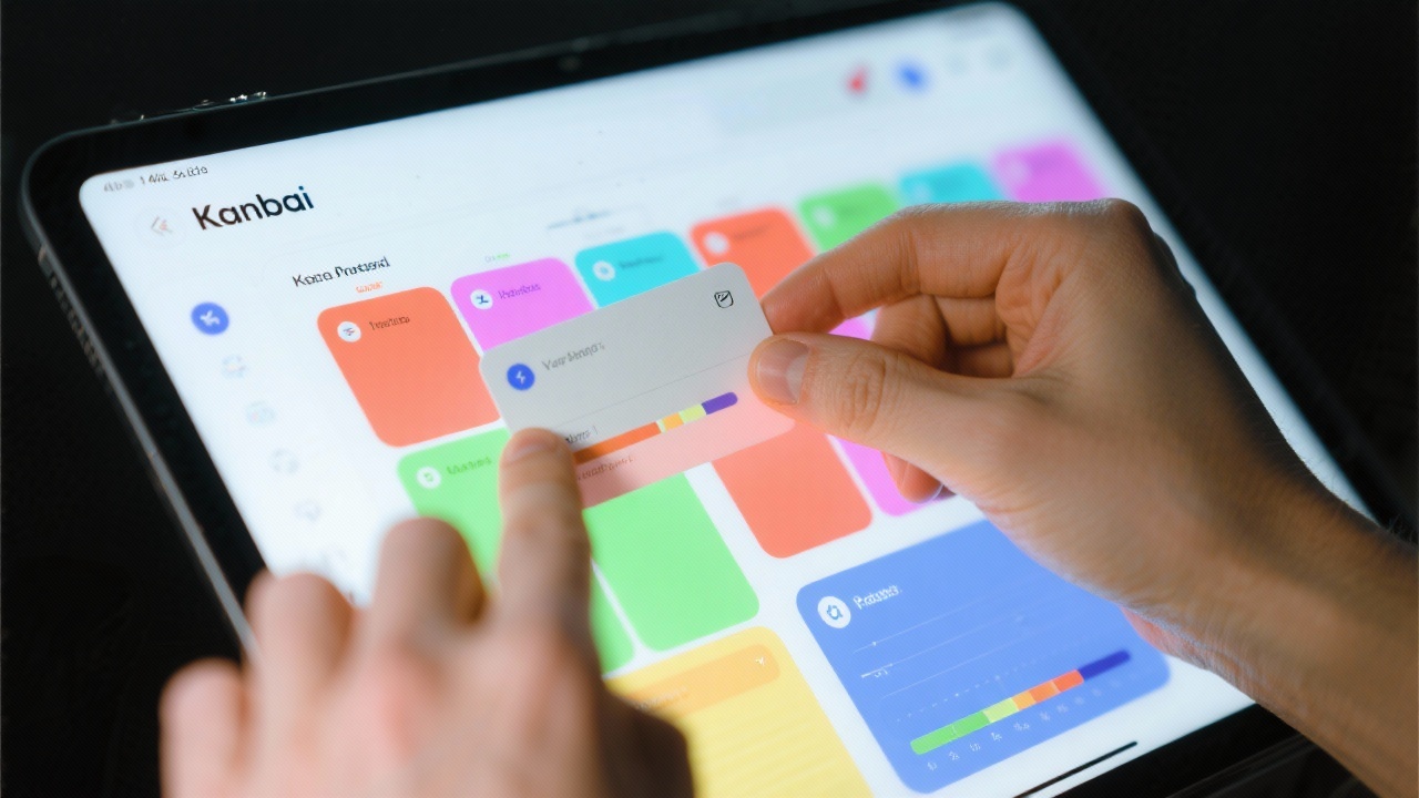 A close-up of a person interacting with a visually engaging and colorful Notion Kanban board on a tablet to manage tasks.
