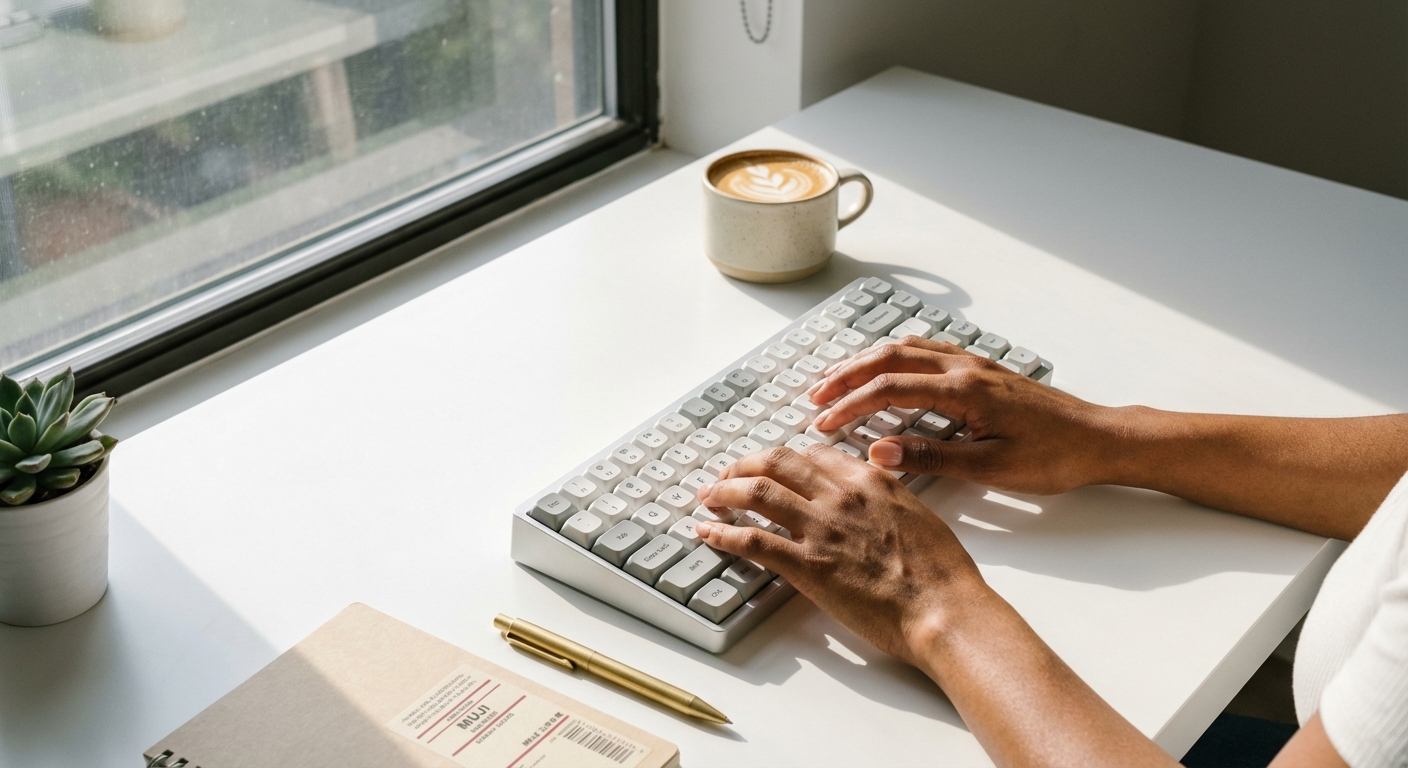 Close-up of hands typing on a pristine, organized desk setup in natural sunlight