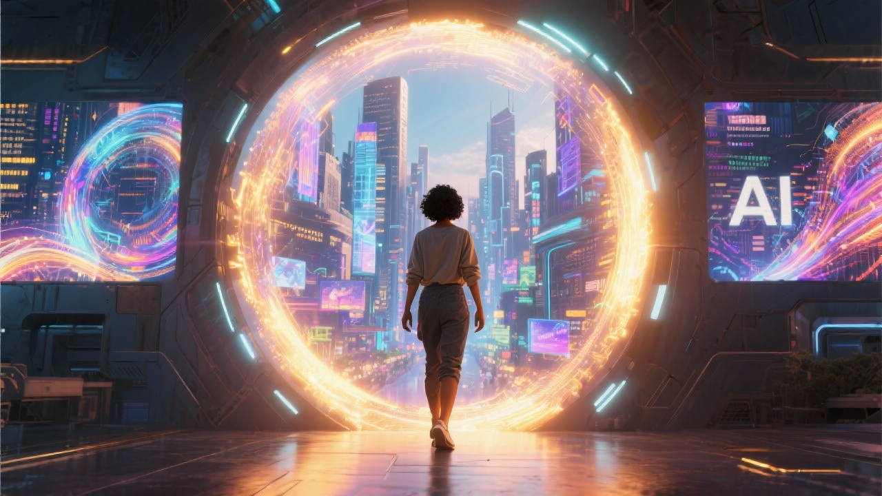 AI가 열어주는 새로운 시대를 상징하는 문 앞에 서서 미래 도시를 바라보는 사람.