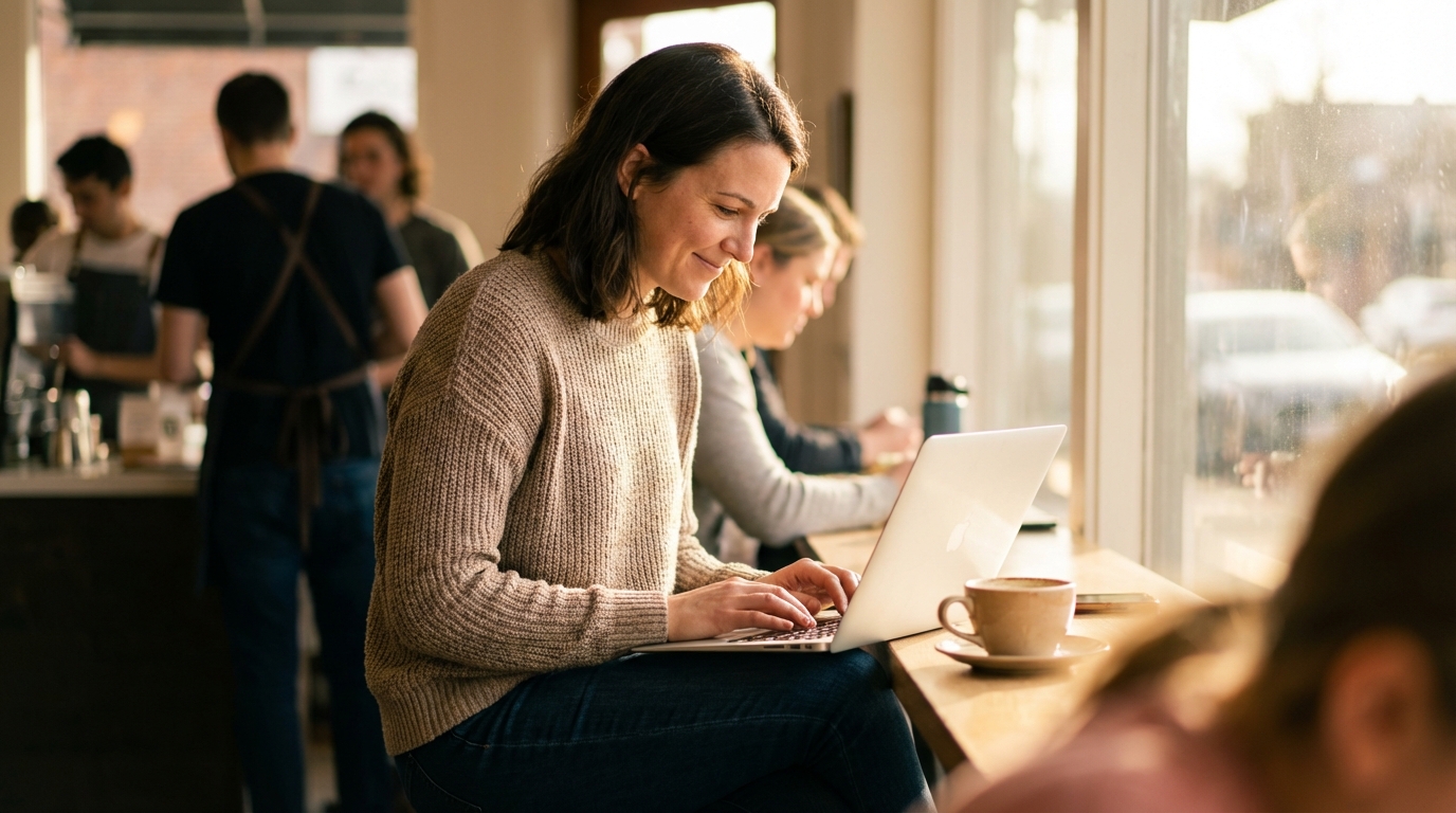 A satisfied freelancer working productively in a stylish coffee shop