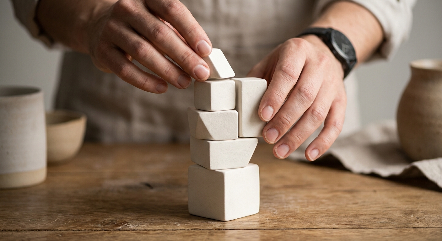 Close up of hands arranging minimalist building blocks representing the architectural approach to organizing