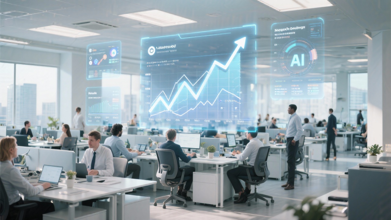 생성형 AI를 비즈니스에 도입하여 업무 효율과 성과를 극대화하는 현대적인 사무실 풍경.