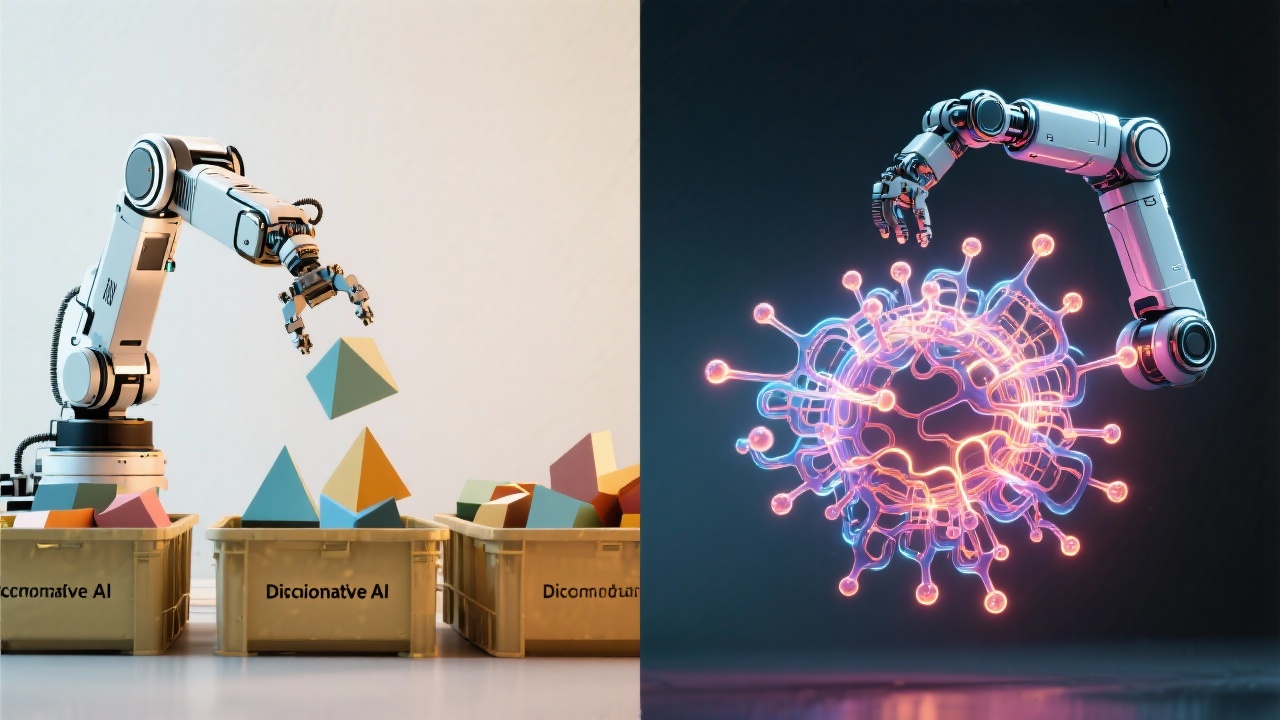 기존의 판별형 AI와 새로운 생성형 AI의 차이점을 시각적으로 보여주는 이미지.